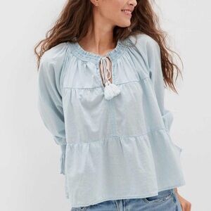 American Eagle light blue peasant peplum blouse shirt size small